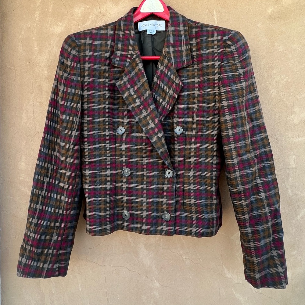 Jones New York 100% Wool Plaid Cropped Double Breasted Blazer size 6